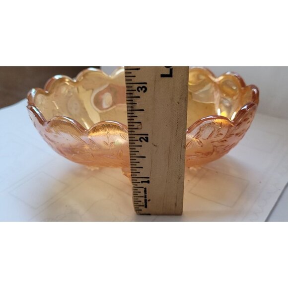 Vintage Jeanette Flora Amber Iridescent Carnival Glass Candy Dish Bowl Small 5" - Picture 8 of 8